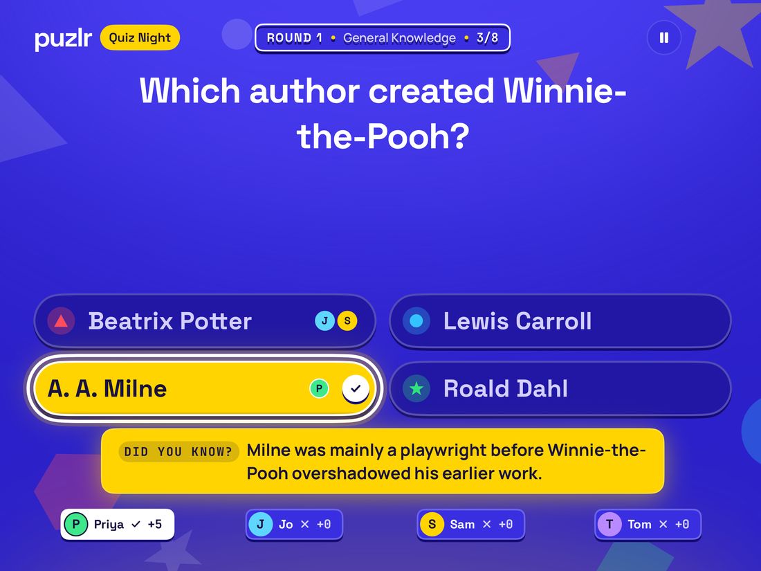 Puzlr Quiz Night on iPad showing a question with the answers and players