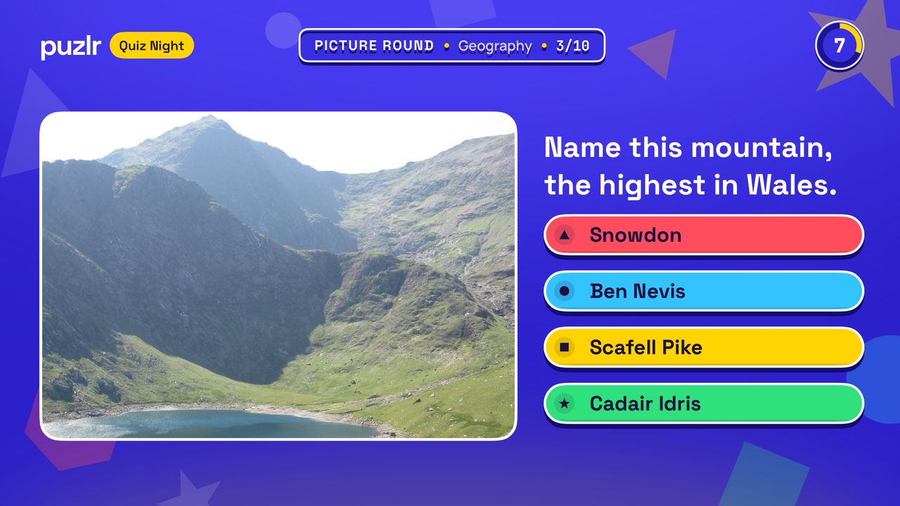 Puzlr Quiz Night on a TV, showing a picture round with four answers