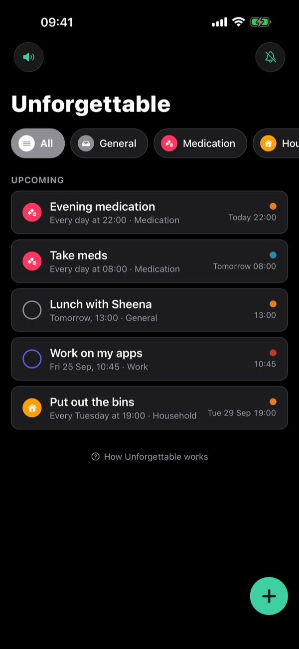 Unforgettable's reminder list in dark mode